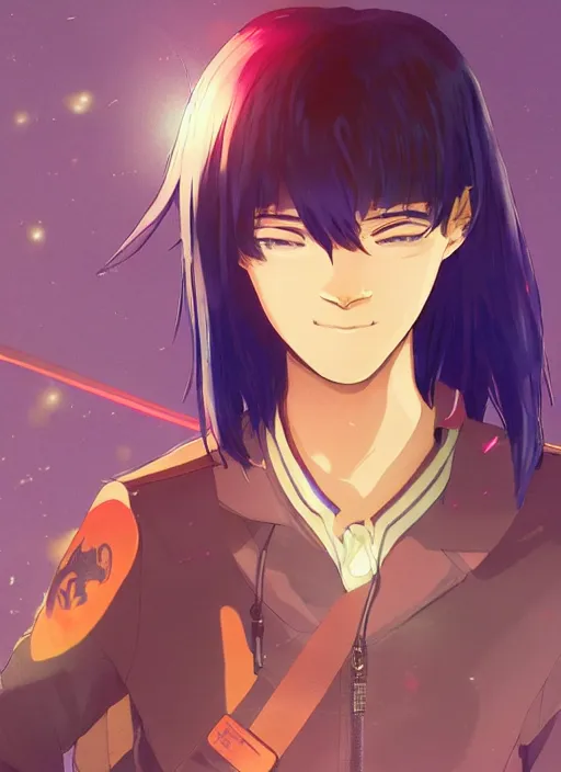 Image similar to teenager boy with straight indigo hair, purple eyes with red eye markers, slim body, wearing a detailed japanese combat clothes, golden details. rich vivid colors, ambient lighting, dynamic lighting, 4 k, official media, anime key visual, makoto shinkai, ilya kuvshinov, lois van baarle, rossdraws, detailed, trending on artstation