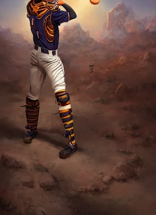 Image similar to fursona commission of a anthro tiger baseball pitcher wearing a baseball uniform in a baseball stadium. pretty, beautiful, DnD character art portrait, matte fantasy painting. Desert mining town. DeviantArt Artstation, by Jason Felix by Steve Argyle by Tyler Jacobson by Peter Mohrbacher, cinematic lighting