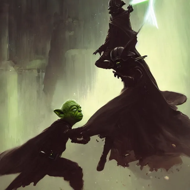 Image similar to a painting of yoda fighting darth vader by greg rutkowski, dark fantasy art, high detail, trending on artstation