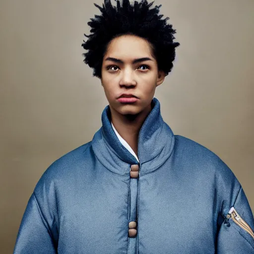 Image similar to realistic! photoshoot for a new balenciaga lookbook, color film photography, portrait of a beautiful woman wearing a puffer jacket, photo in style of tyler mitchell, fisheye lens