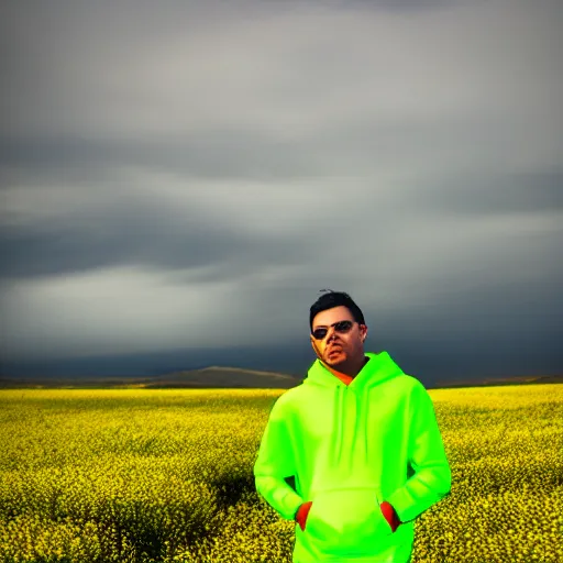 Image similar to a man standing in a yellow field wearing a neon green hoodie