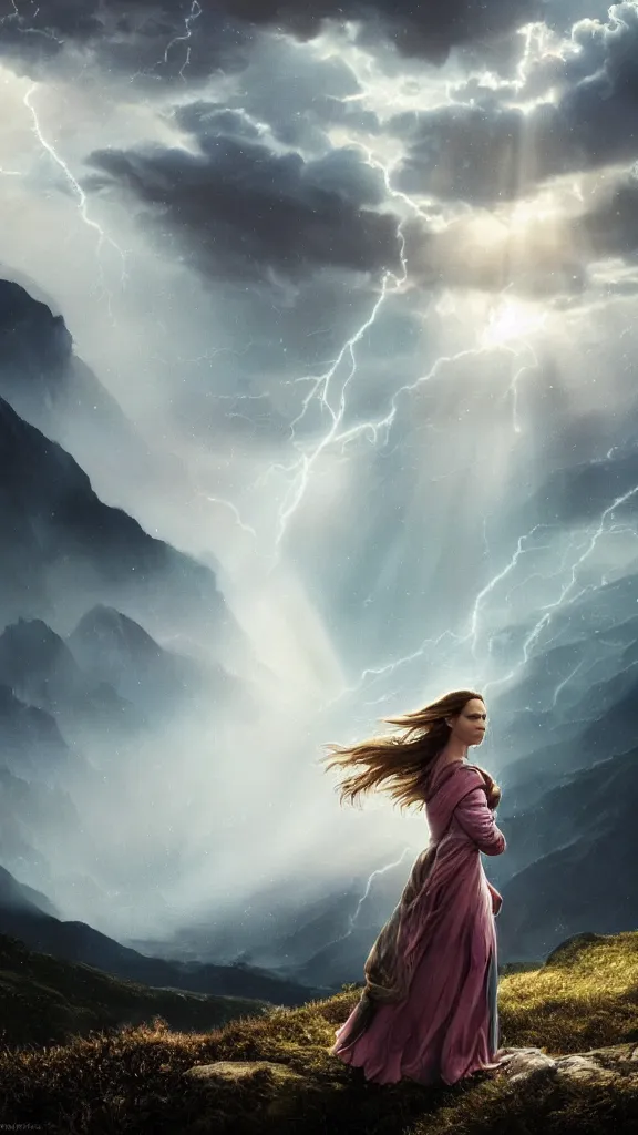 Image similar to wizard, argentina, natalie portman, hudson river school, max rive, full plate armor, f 1 6, bokeh, gentle, female, snowy mountain, storm clouds, god rays, close up portrait, d & d, fantasy, elegant, teal pink white gold color palette, concept art, roger deakins and greg rutkowski and alphonse mucha