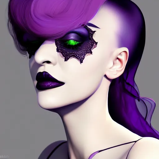 Image similar to portrait of a curvy feminine hot pale goth woman with elaborate, elegant, sophisticated, tight nylon, lace and silk dress, black lipstick, purple makeup, cgsociety, realistic, highly detailed, sublime, 16k, smooth, sharp focus, trending on ArtStation, hyperdetailed, volumetric lighting