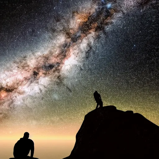 Image similar to 4K ultra HD detailed award-winning wallpaper of silhouette of man sitting on top of mountain cliff looking at huge vast sky storm Milky way