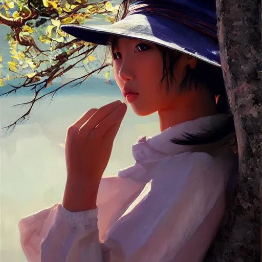 Image similar to oil painting by ilya kuvshinov,, chad knight, artgerm craig mullins, coby whitmore, of a youthful japanese girl, long hair, fishing and wearing fisherman's outfit, fisherman's hat, highly detailed, breathtaking face, studio photography, noon, intense bounced light, water reflection, large tree casting shadow, serine intense sunlight