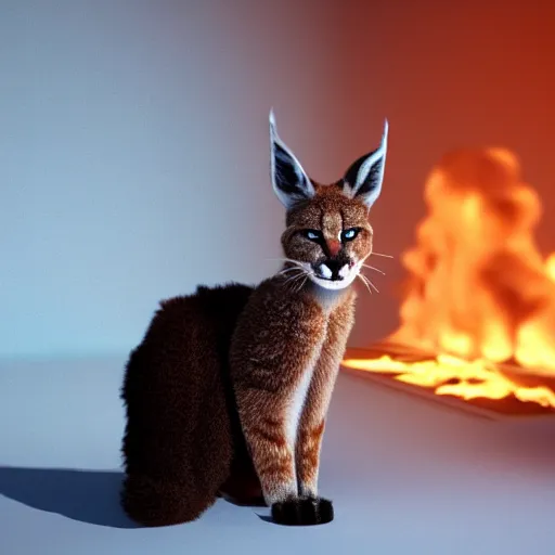 Image similar to wide-angle photo of fluffy cute caracal sitting on a stool in a room, flames of fire at background, octane render, 3d, 8k, hd, studio light