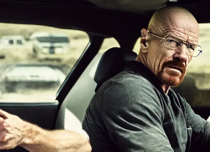 Image similar to film still of walter white as dominic toretto in furious 7 movie ( 2 0 1 5 ), 8 k, cinematic, rule of thirds