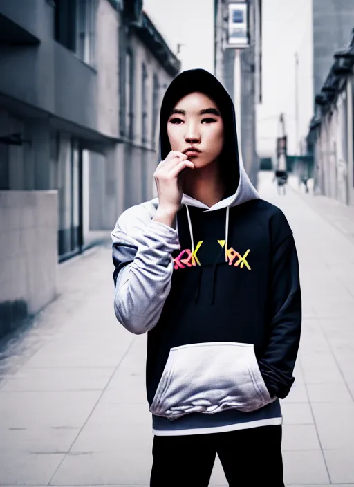 Prompt: hoodie, street wear, toyko, intricate, elegant, highly detailed, prism highlights, lut, sony, street photography, smooth, sharp focus, dlsr, telephoto, synth wave, high fashion