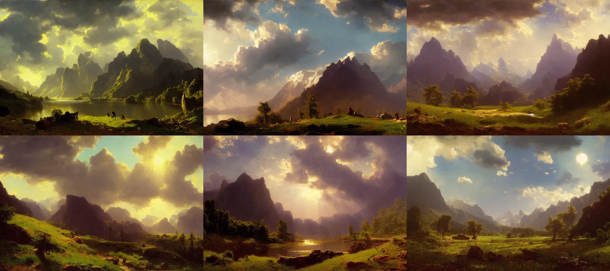 Prompt: beautiful landscape, first light, majestic mountains, lush grass, dramatic clouds, soft light, by albert bierstadt and andreas achenbach, artstation