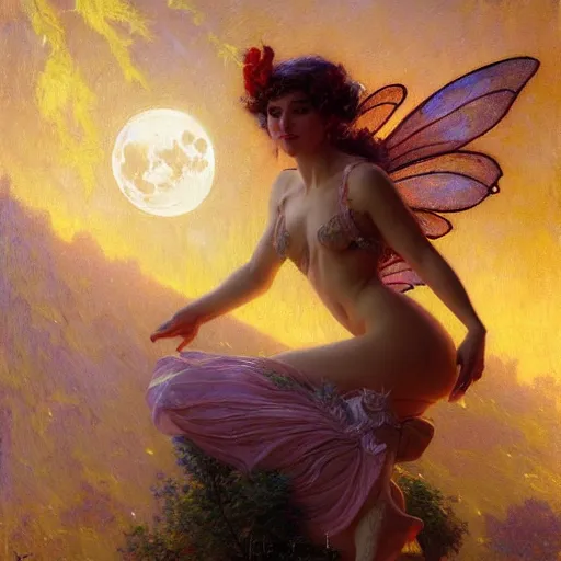 Image similar to attractive fairy magically floating high in the night, fantasy, full moon in background. highly detailed painting by gaston bussiere, craig mullins, j. c. leyendecker, mid shot, 8 k