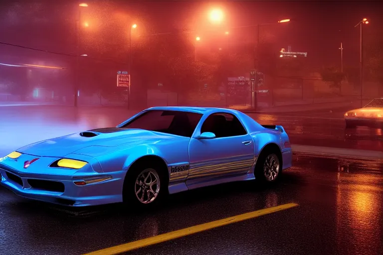 Image similar to hyperdetailed, photorealistic photograph of a 2 0 0 2 pontiac firebird trans - am drifting in the streets, rain, night, dense fog, hd, unreal engine 5 by greg rutowski, by stanley artgerm, by alphonse mucha