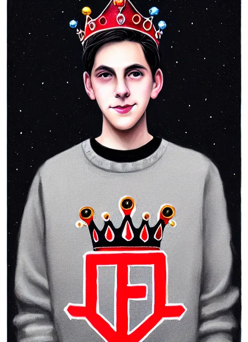 Image similar to portrait of teenage jughead jones wearing a light grey crown, photorealistic, crown, eyes closed, crown, black hair, sweater with letter s on it, letter s, intricate, elegant, glowing lights, highly detailed, digital painting, artstation, concept art, smooth, sharp focus, illustration, art by wlop, mars ravelo and greg rutkowski