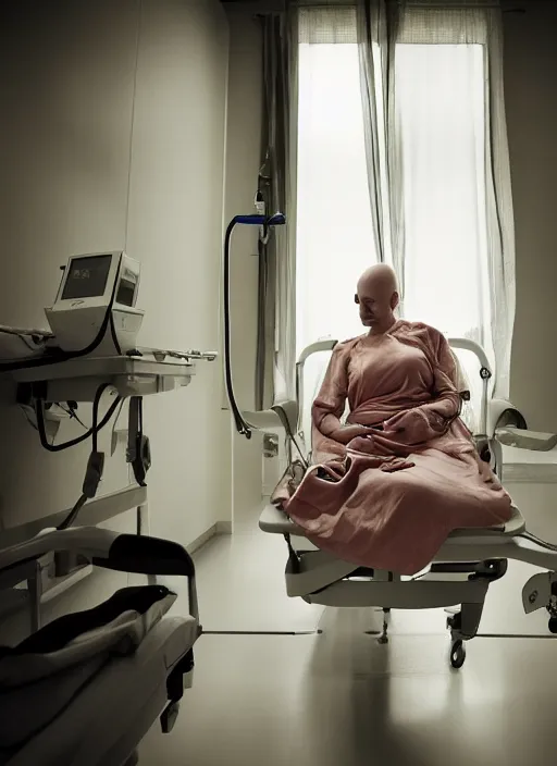 Prompt: an award winning photo of a bald 4 5 year old woman hospital patient laying in a hospital bed, wearing a hospital gown, with an iv drip, hopeful. marketing photo by charlie waite, max rive, caroline foster.