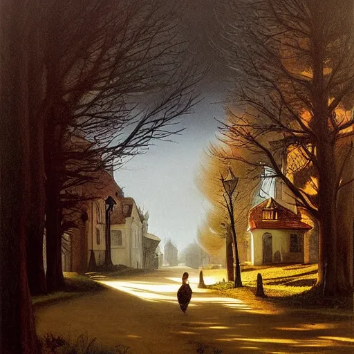 Image similar to in the style of gerald brom, caravaggio, beautiful small town, houses and buildings, 1 8 0 0 s, cobblestone roads, low light, end of day, trees, forest in the distance, light mist