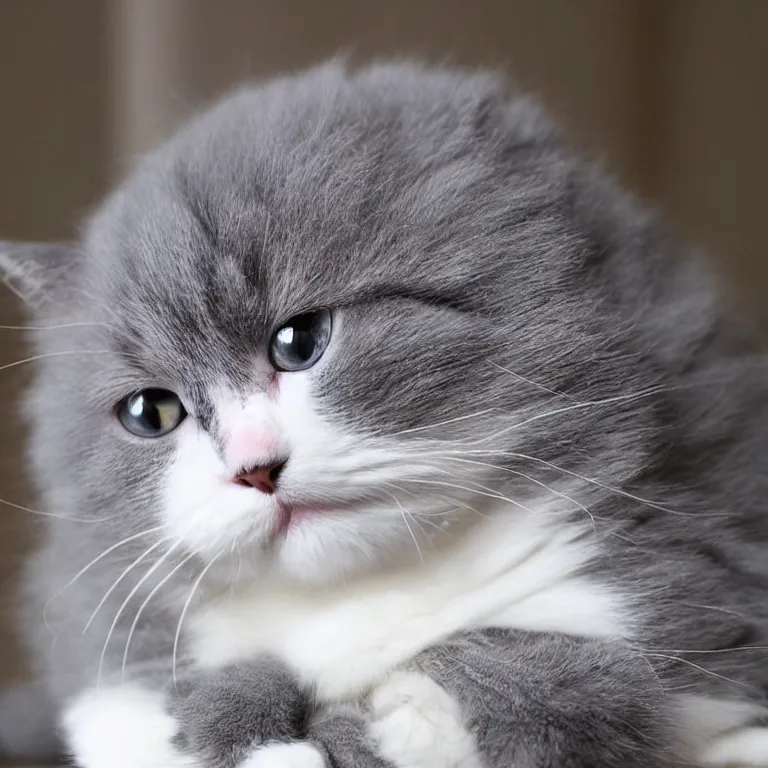 Prompt: perfectly spherical gray and white cat, cute, fluffy, chubby, ball of fur