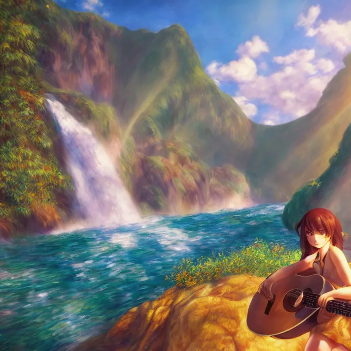 Prompt: an epic makoto shinkai and renoir landscape of a hawaiian waterfall, golden hour, 🌺. a brown haired woman playing a guitar. ultra smooth, lois van baarle, ilya kuvshinov, unreal engine, blender, trending on artstation, suntur, caleb worcester, highly detailed, photorealism, bloom effect 8 k