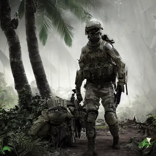 Image similar to Wounded Mercenary Special Forces soldier in light grey uniform with black armored vest and helmet crawling to cover in the jungles of Tanoa, combat photography by Feng Zhu, highly detailed, excellent composition, cinematic concept art, dramatic lighting, trending on ArtStation