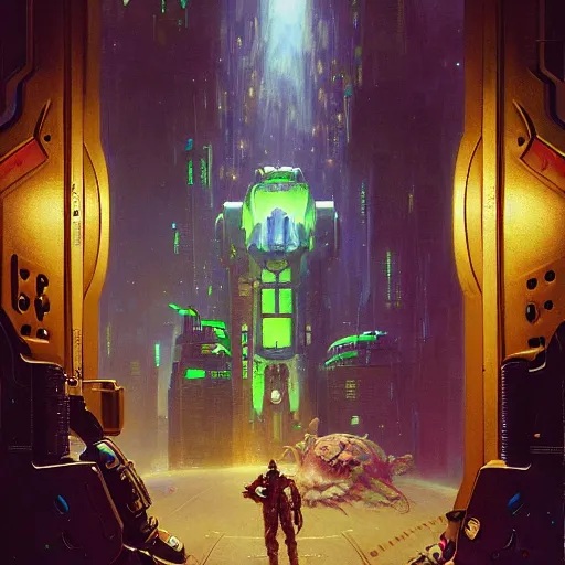 Image similar to portrait of sulley from monsters inc in front of a door. spaceship futuristic city. shadowrun cyberpunk fantasy d & d painting by gaston bussiere craig mullins jc leyendecker gustav klimt artgerm greg rutkowski john berkey, bergey, craig mullins, ruan jia, raymond swanland, tom lovell