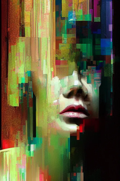 Image similar to a beautiful glitched painting by christian hook of a woman in a bathroom, geometric shapes and pixel sorting, brushstrokes by jeremy mann, still life, dark colors