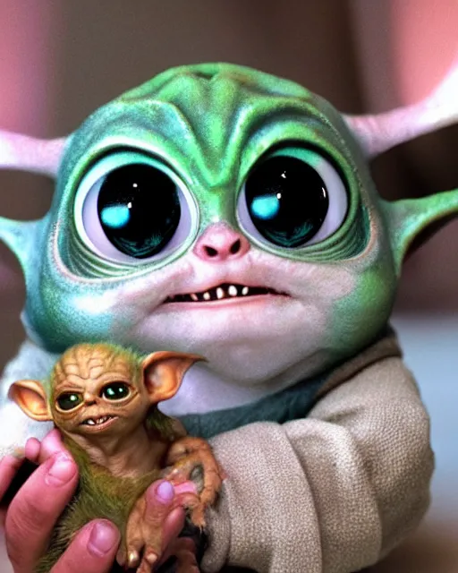 Image similar to The Mogwai Gizmo, from the movie Gremlins, holds hands with his friend baby Yoda, trending on artstation, Photorealistic