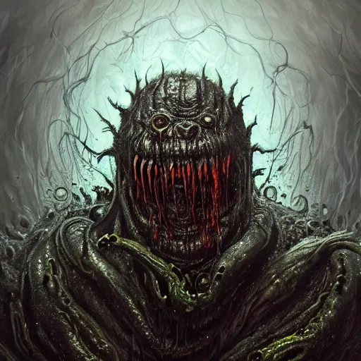 Image similar to Dark fantasy Painting of a hulking muscular demonic flesh creature covered in boils with drool dripping from its mouth, hr giger muscles, tentacles growing from its face, rising out of the depths of the foggy water, full body, disgusting, creepy, unsettling, horror, intricate, wild, highly detailed, digital painting, artstation, concept art, smooth, sharp focus, illustration, art by artgerm and greg rutkowski and alphonse mucha