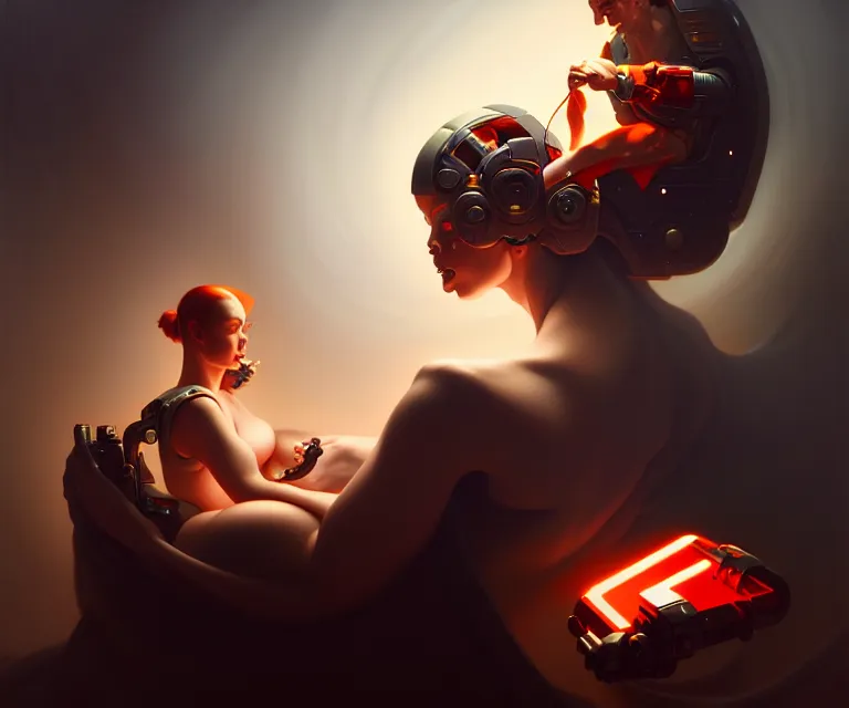 Image similar to the birth of google, total recall tech, dramatic lighting, electrical details, high details, 8 k, best, accurate, trending on artstation, photorealism, ultrarealistic, digital painting, style of peter mohrbacher, caravaggio, boris vallejo