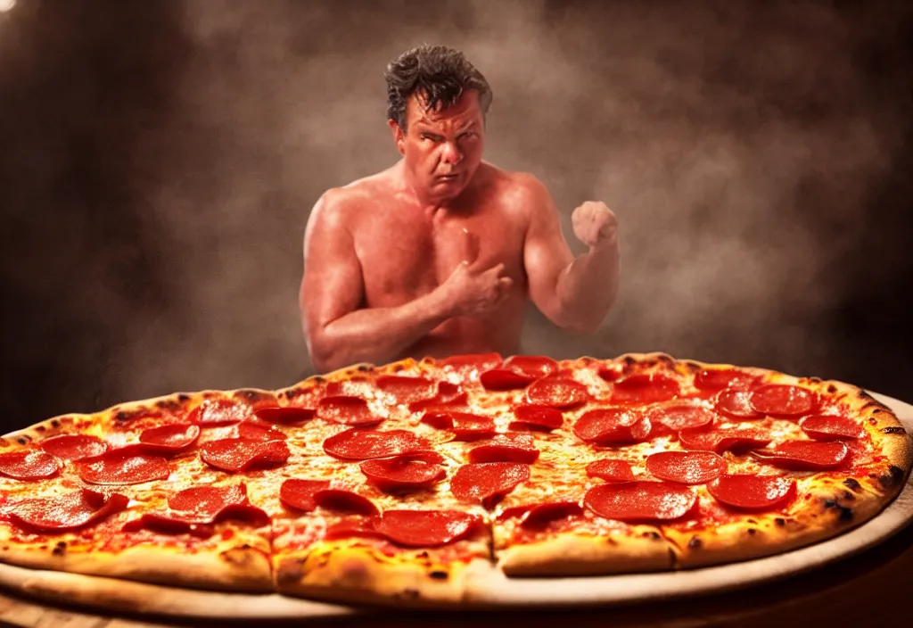 Image similar to a close-up HD photo of Papa John sweating pizza grease, cinematic, volumetric lighting, highly detailed, 8k