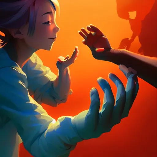 Image similar to a hand reaching out to another hand, behance hd by jesper ejsing, by rhads, makoto shinkai and lois van baarle, ilya kuvshinov, rossdraws global illumination ray tracing hdr radiating a glowing aura