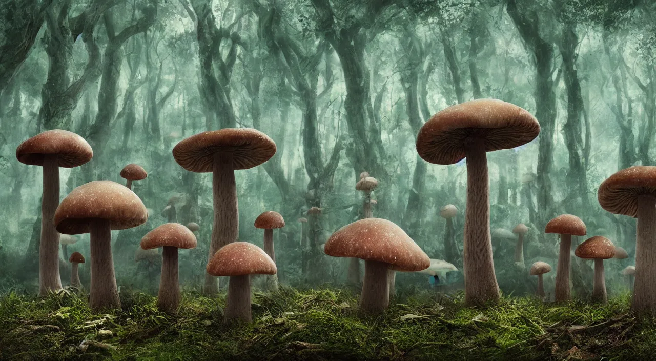 Prompt: Mushroom forest, realistic matte painting,