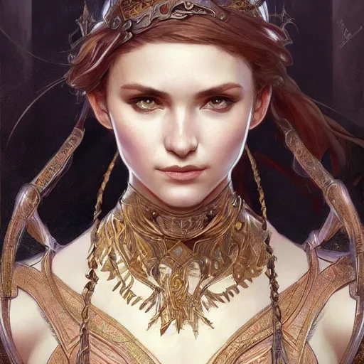 Image similar to fullbody portrait of a fantasy female warrior, intricate, elegant, highly detailed, digital painting, artstation, concept art, matte, sharp focus, illustration, art by Artgerm and Greg Rutkowski and Alphonse Mucha