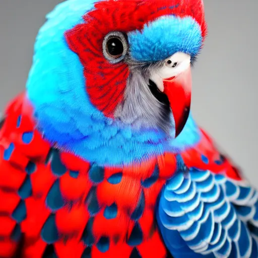 Image similar to Blue budgies wearing red and black checkered shirt, professional photography, studio lighting, 4k