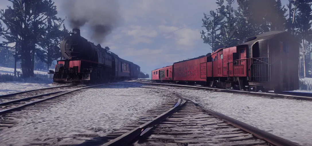 Image similar to A train in red dead redemption 2, pre-rendered cutscene, high quality image, widescreen, 8k, octane render