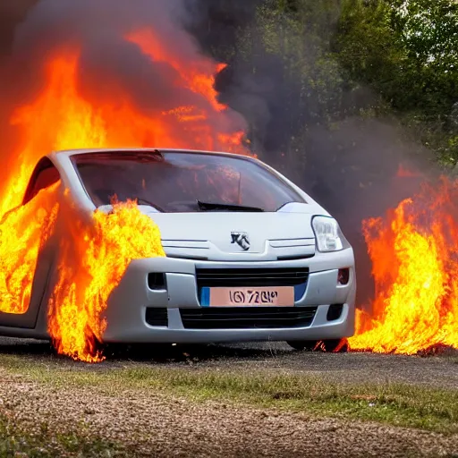 Image similar to High definition, professional photo of a Peugeot 1007 that is on fire, 8k