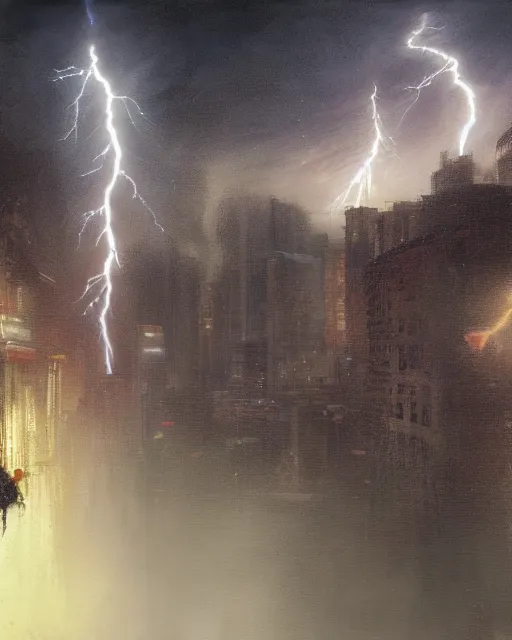 Prompt: a highly detailed epic cinematic concept art CG render digital painting artwork: Tokyo in lightning storm . By Greg Rutkowski, in the style of Francis Bacon and Syd Mead and Norman Rockwell and Beksinski, open ceiling, highly detailed, painted by Francis Bacon and Edward Hopper, painted by James Gilleard, surrealism, airbrush, Ilya Kuvshinov, WLOP, Stanley Artgerm, very coherent, triadic color scheme, art by Takato Yamamoto and James Jean