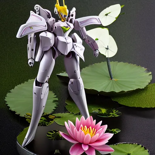 Prompt: futuristic nymphaea themed mecha waterlily upper body, flower sepals forming helmet, evangelion, nymphaea, 8 k hd resolution, barbatos gundam textured with waterlily pads, bandai box art, star wars, makoto kobayashi, frank gehry, raymond swanland