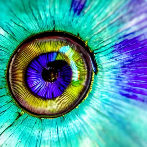 Prompt: macro close-up of a beautiful (deeply saturated turquoise color) iris of the eye, with purple cybernetic implants, glassy, alert, crisp, detailed, 8K, 4K