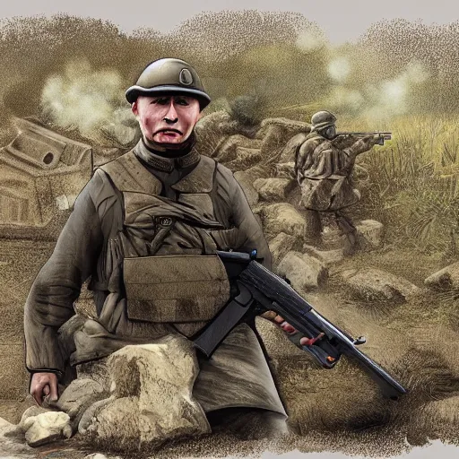 Image similar to putin with firearms, fighting in trenches somewhere in ukraine, highly detailed digital painting