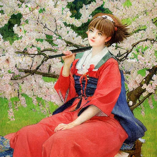 Prompt: Sakura from Cardcaptor Sakura painting masterpiece by vasnetsov and surikov, JEAN-VICTOR BERTIN, by Terence Cuneo