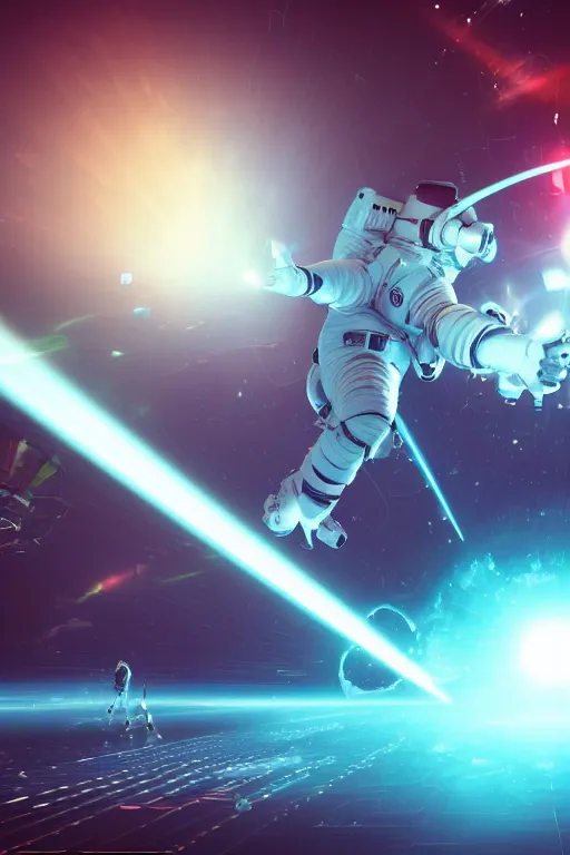 Image similar to wide view of futuristic spacemen firing lasers in zero gravity, floating, in the sky, bright white light, hiding behind obstacles, surrounded by a square laser grid, unreal engine, lensflares, low perspective, fish eye