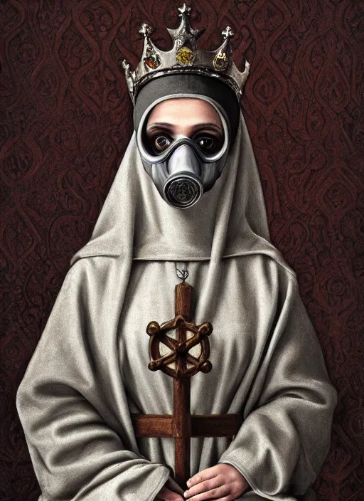 Prompt: highly detailed closeup portrait of a goth medieval nun wearing a crown and a gas mask sitting on a throne, nicoletta ceccoli, mark ryden, lostfish, global illumination, god rays, detailed and intricate environment
