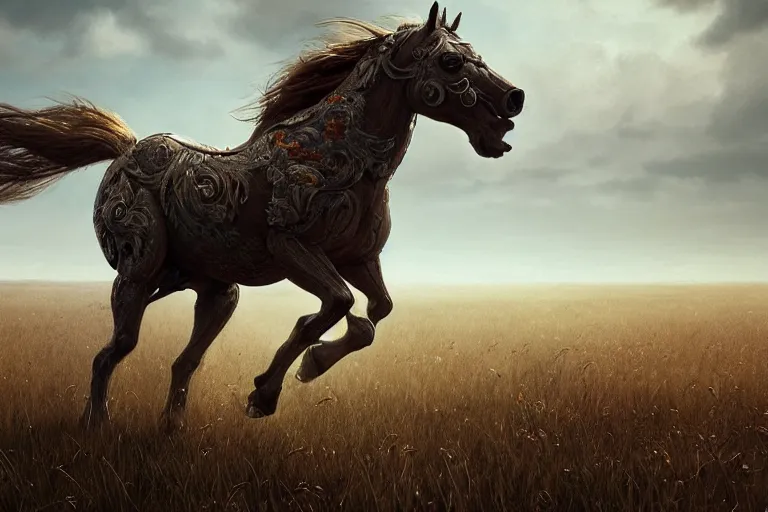 Prompt: a stunning horse, right anatomy, 4 legs, running through a meadow by greg rutkowski, high key lighting, volumetric light, digital art, highly detailed, fine detail, intricate, ornate, complex, octane render, unreal engine, photorealistic