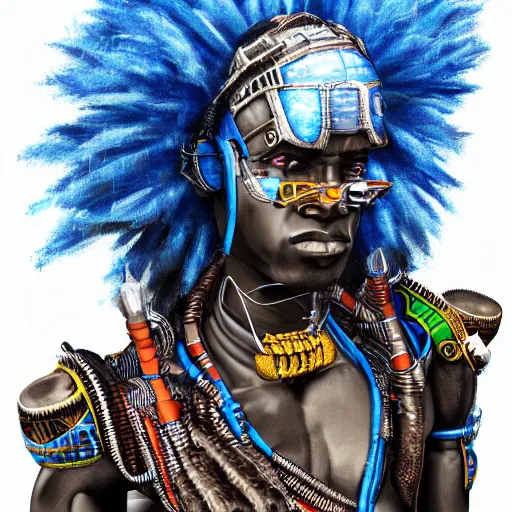 Image similar to a realistic portrait of the african god of the war and technology ogun with cyberpunk and afrofuturist weapons wearing blue, highly detailed, afrofuturist, cyberpunk, photorealistic.