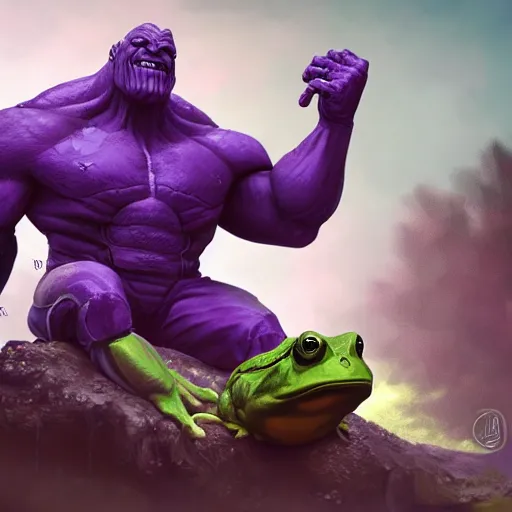 Prompt: Thanos riding a giant frog, digital art, trending on artstation, HDR