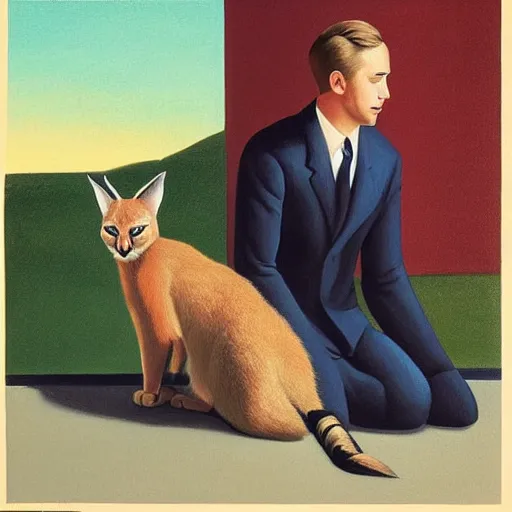 Prompt: Ryan Gosling holding a cute caracal, in the style of Edward Hopper and Rene Magritte, highly detailed