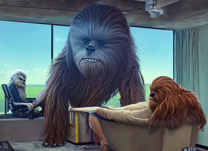 Image similar to wookiee is comfy at home trading crypto. the charts are at all time highs, gains, green charts, painting by grant wood and frank frazetta, 3 d rendering by beeple, wlop
