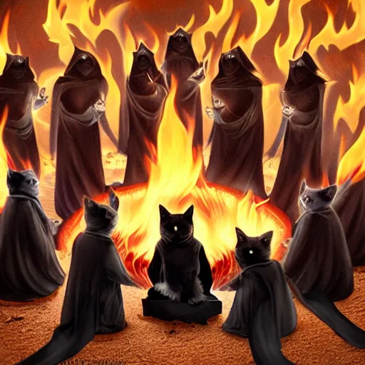 Prompt: a cult of black cloak wearing kittens summon a fire goddess from the depths of a raging fire pit, flames are emerging from fissures in the ground.