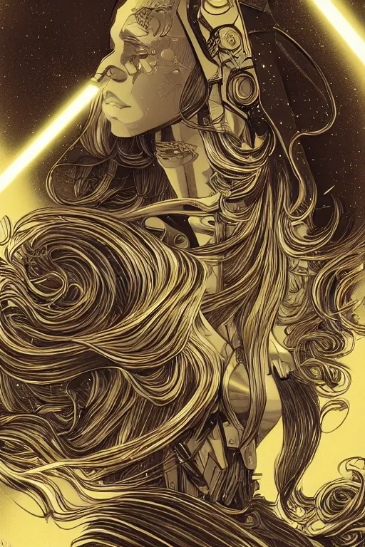 Prompt: gold and silver tones, cybernetic war, style of moebius, james jean, mcbess, star wars, long glowing ethereal hair, cinematic, highly detailed, award winning, 8 k photorealistic