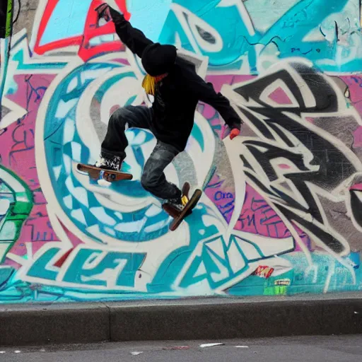 Prompt: a skateboarder glides past graffiti of WuTang Clan