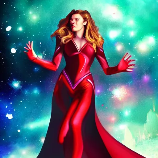 Image similar to a beautiful Scarlett witch, floating in space, neon, stars, galaxy, HDR, dreamscape, dramatic lighting, fantasy art illustration, trending on artstation, Aetherpunk