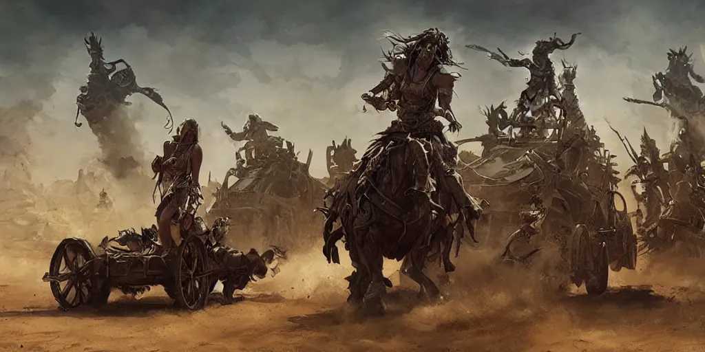 Image similar to Mad Max reimagined in the baroque era, catapult, heroes and villains, horses, orchestral band on a wagon, hearthstone art style, epic fantasy style art by Craig Mullins, fantasy epic digital art, epic fantasy card game art by Greg Rutkowski